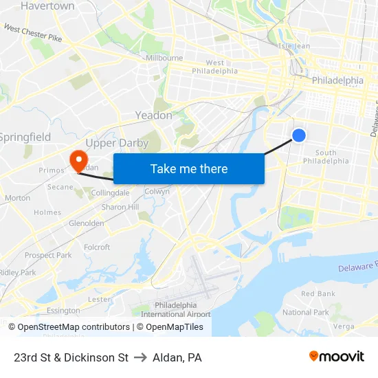 23rd St & Dickinson St to Aldan, PA map