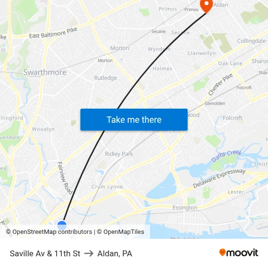 Saville Av & 11th St to Aldan, PA map