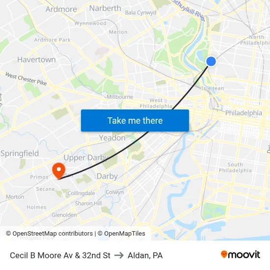 Cecil B Moore Av & 32nd St to Aldan, PA map