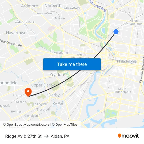 Ridge Av & 27th St to Aldan, PA map