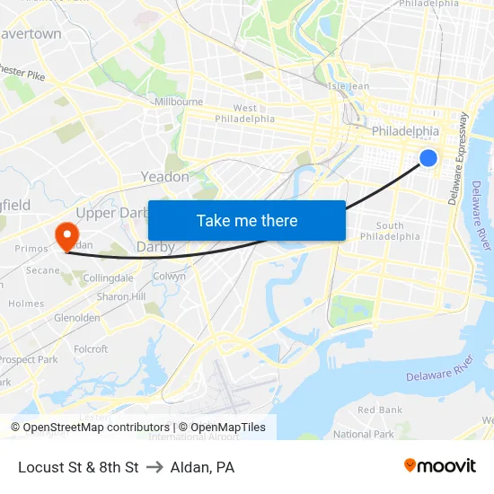 Locust St & 8th St to Aldan, PA map