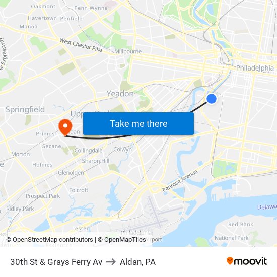 30th St & Grays Ferry Av to Aldan, PA map
