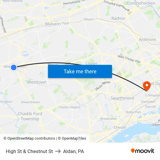 High St & Chestnut St to Aldan, PA map