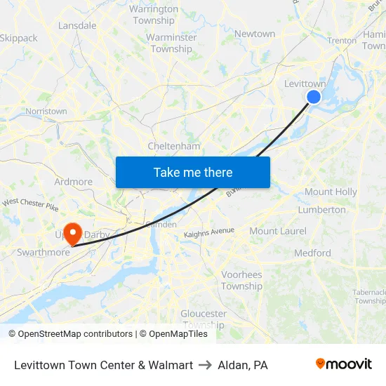 Levittown Town Center & Walmart to Aldan, PA map