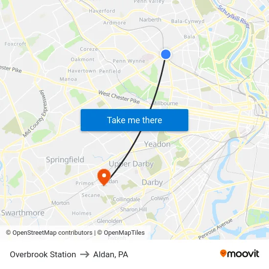 Overbrook Station to Aldan, PA map