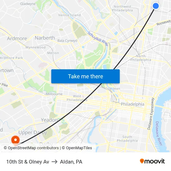 10th St & Olney Av to Aldan, PA map