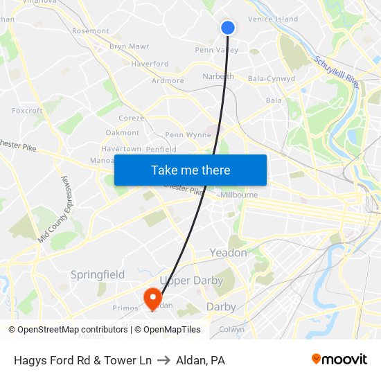 Hagys Ford Rd & Tower Ln to Aldan, PA map