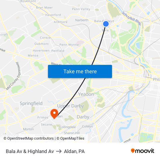 Bala Av & Highland Av to Aldan, PA map