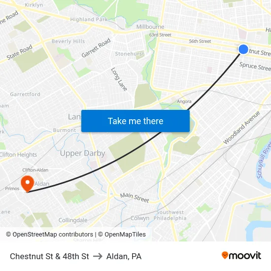Chestnut St & 48th St to Aldan, PA map