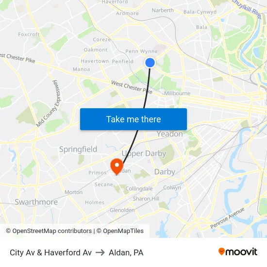 City Av & Haverford Av to Aldan, PA map