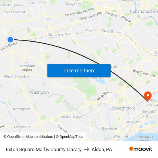 Exton Square Mall & County Library to Aldan, PA map