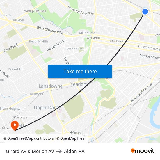 Girard Av & Merion Av to Aldan, PA map