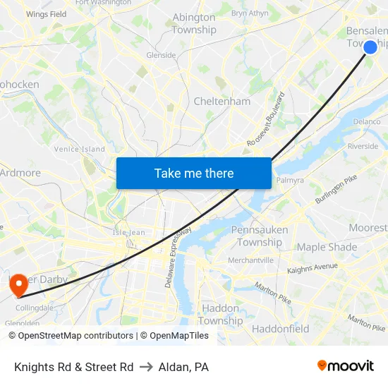 Knights Rd & Street Rd to Aldan, PA map