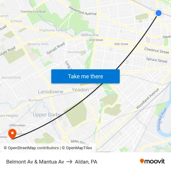Belmont Av & Mantua Av to Aldan, PA map