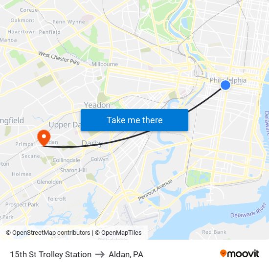 15th St Trolley Station to Aldan, PA map