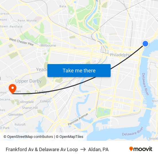 Frankford Av & Delaware Av Loop to Aldan, PA map