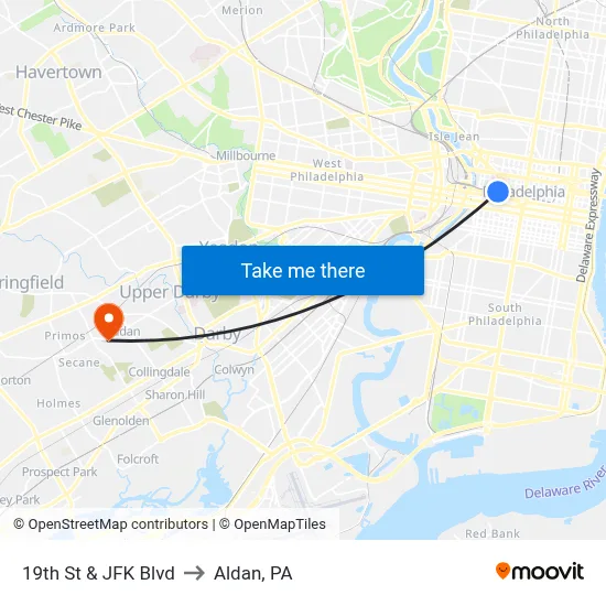 19th St & JFK Blvd to Aldan, PA map