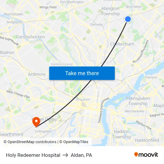 Holy Redeemer Hospital to Aldan, PA map
