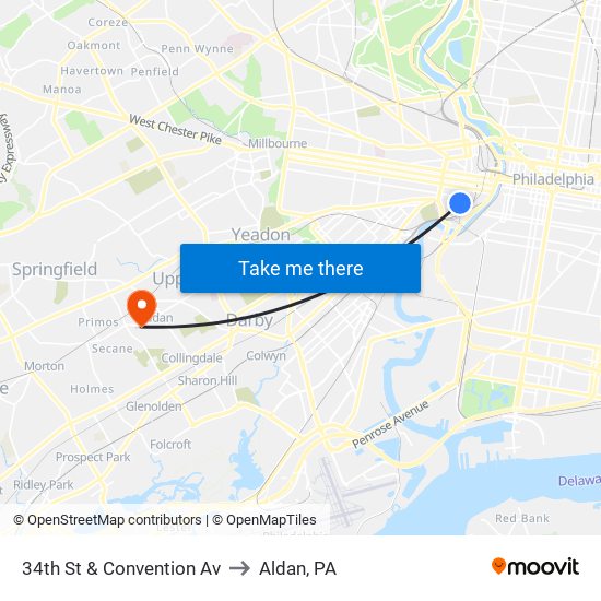 34th St & Convention Av to Aldan, PA map
