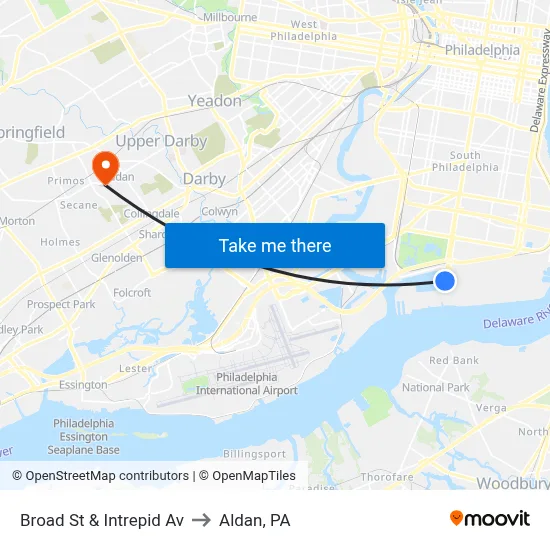 Broad St & Intrepid Av to Aldan, PA map
