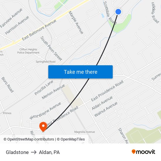 Gladstone to Aldan, PA map