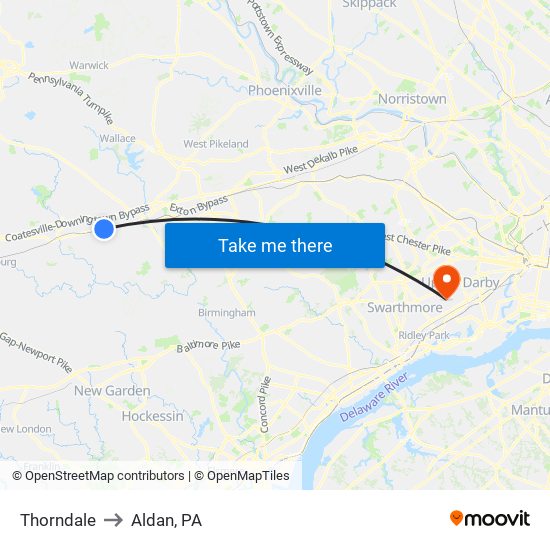 Thorndale to Aldan, PA map