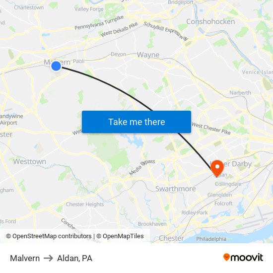 Malvern to Aldan, PA map
