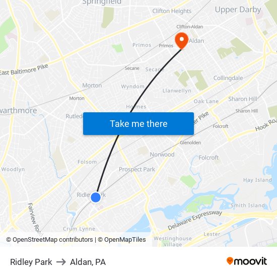 Ridley Park to Aldan, PA map