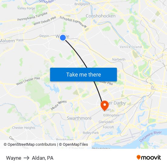 Wayne to Aldan, PA map