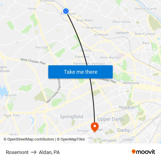 Rosemont to Aldan, PA map