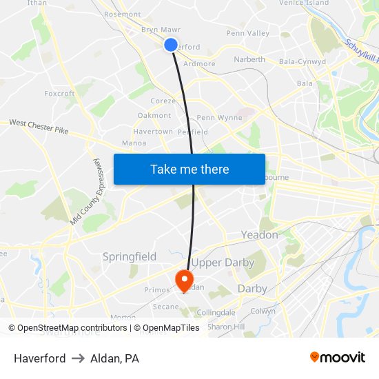 Haverford to Aldan, PA map