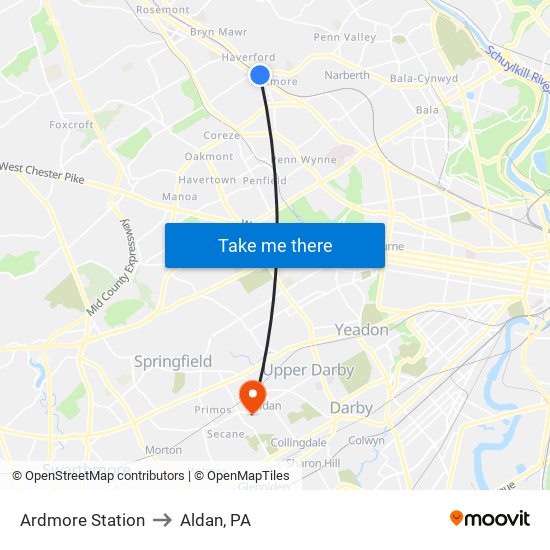 Ardmore Station to Aldan, PA map