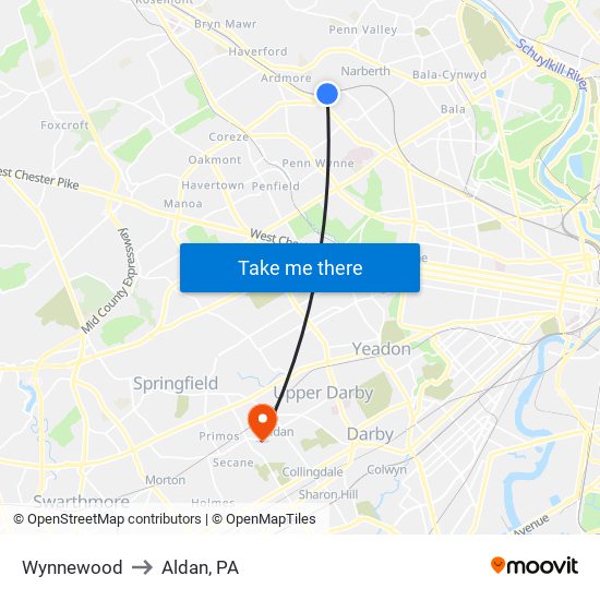 Wynnewood to Aldan, PA map
