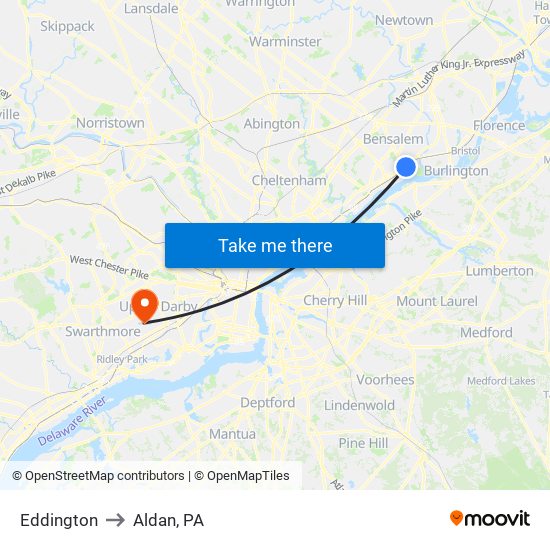 Eddington to Aldan, PA map