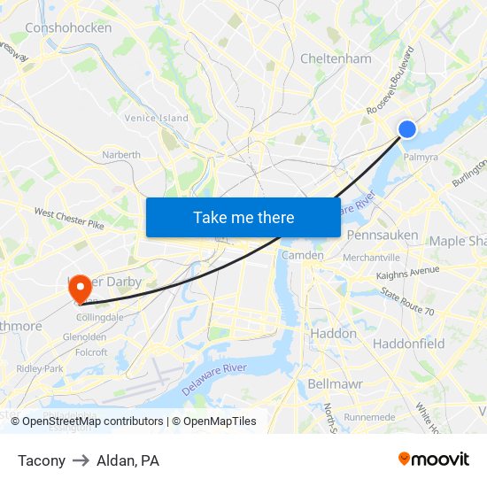 Tacony to Aldan, PA map