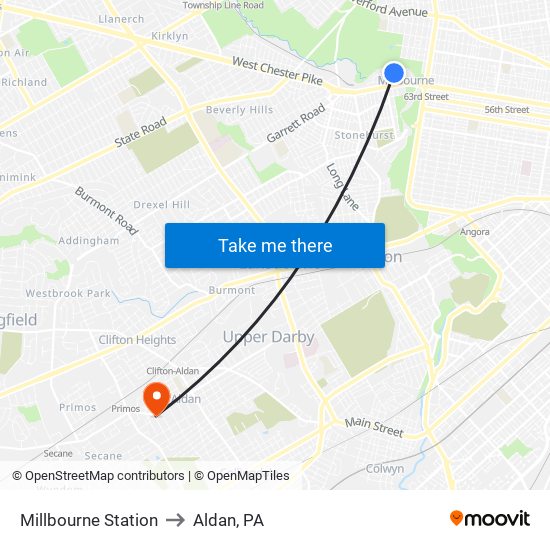 Millbourne Station to Aldan, PA map