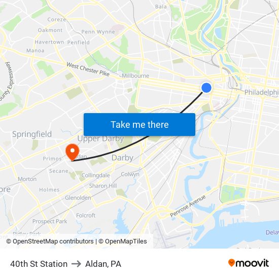 40th St Station to Aldan, PA map