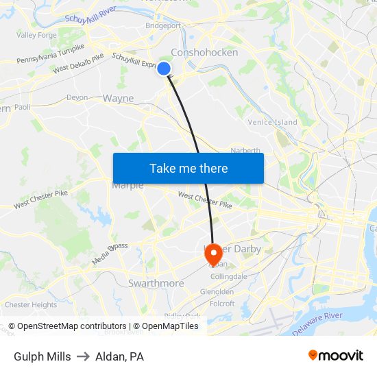 Gulph Mills to Aldan, PA map