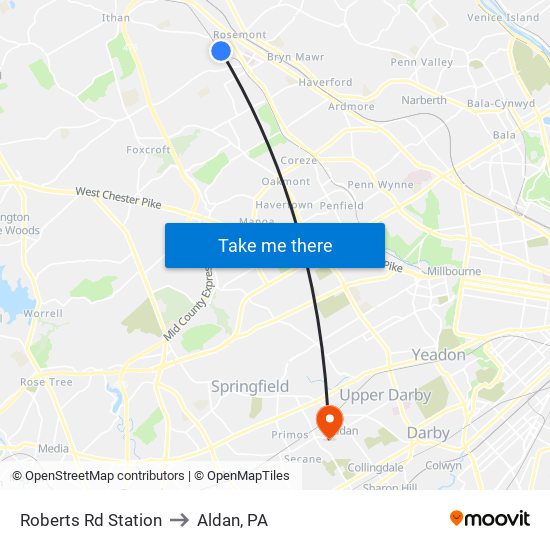 Roberts Rd Station to Aldan, PA map