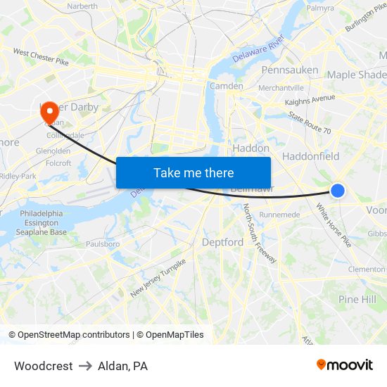 Woodcrest to Aldan, PA map