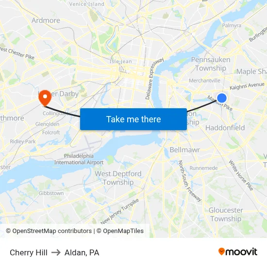 Cherry Hill to Aldan, PA map