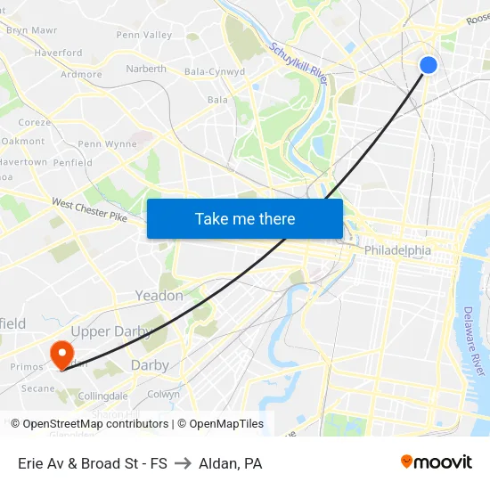 Erie Av & Broad St - FS to Aldan, PA map