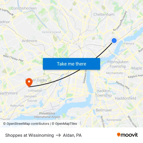 Shoppes at Wissinoming to Aldan, PA map