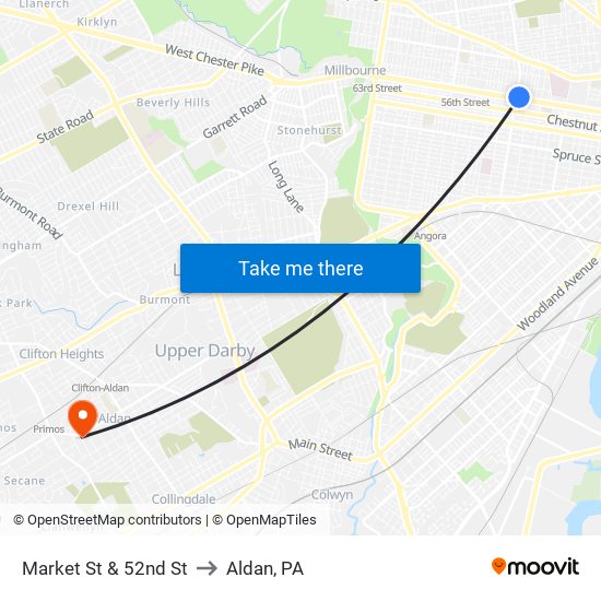 Market St & 52nd St to Aldan, PA map