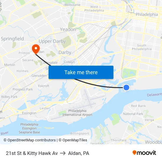21st St & Kitty Hawk Av to Aldan, PA map