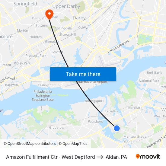 Amazon Fulfillment Ctr - West Deptford to Aldan, PA map