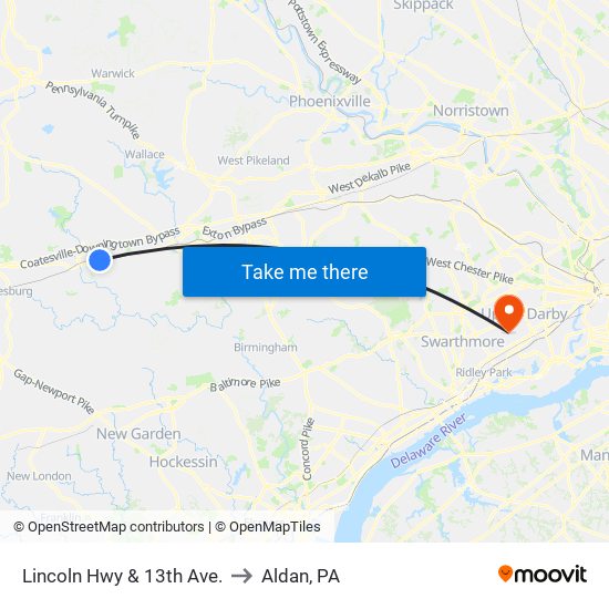 Lincoln Hwy & 13th Ave. to Aldan, PA map