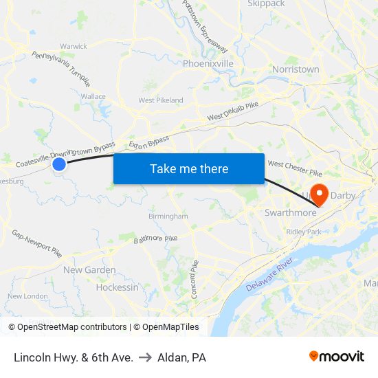 Lincoln Hwy. & 6th Ave. to Aldan, PA map