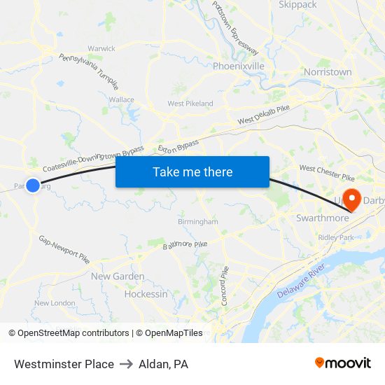 Westminster Place to Aldan, PA map