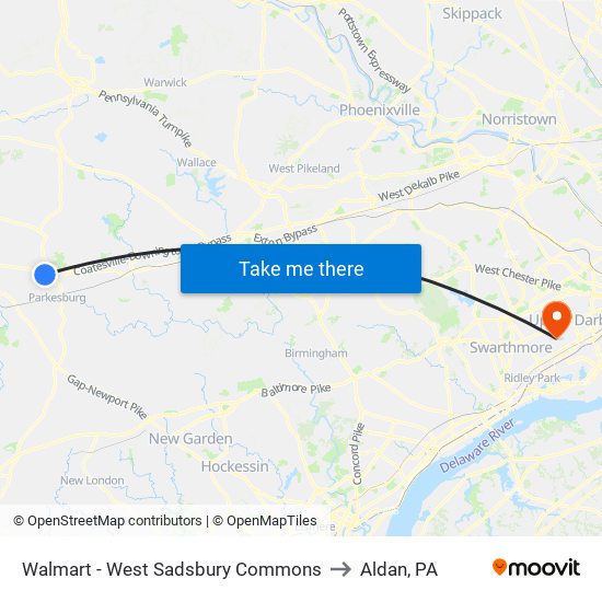 Walmart - West Sadsbury Commons to Aldan, PA map
